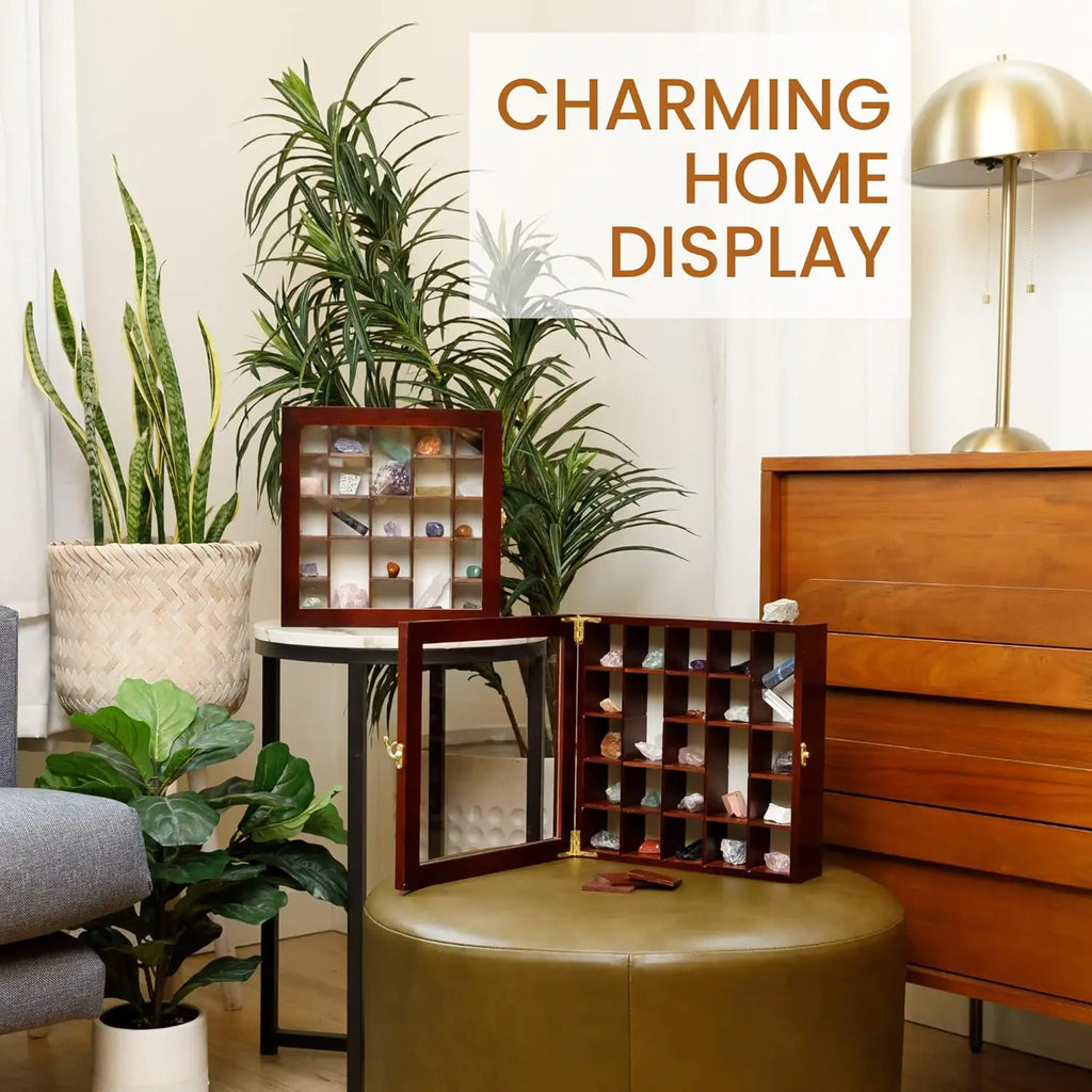 Adjustable Rock Display Case with Fabric Bed and Shelves for Crystal Storage - Dark Finish