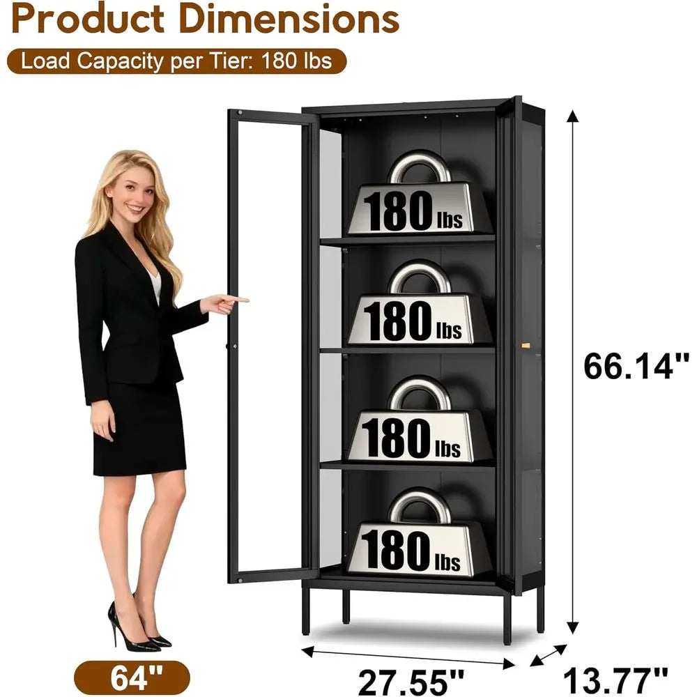 4-Tier Glass Display Cabinet, Tempered Glass Doors, Metal Storage Cabinet for Living Room, Suitable for Plants, Assembly Require