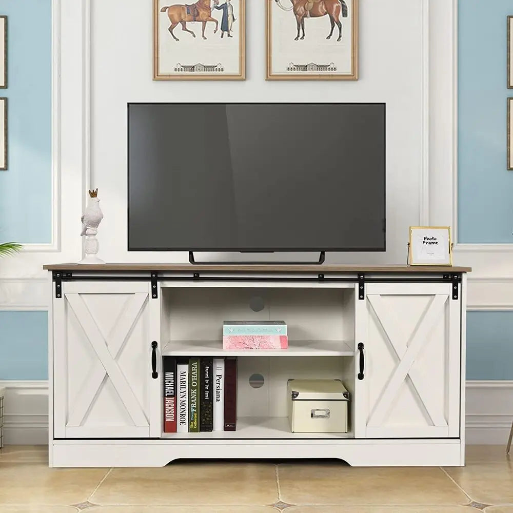 Modern White Barn Door TV Stand with Storage Cabinets and Adjustable Shelves for Living Room and Bedroom Entertainment