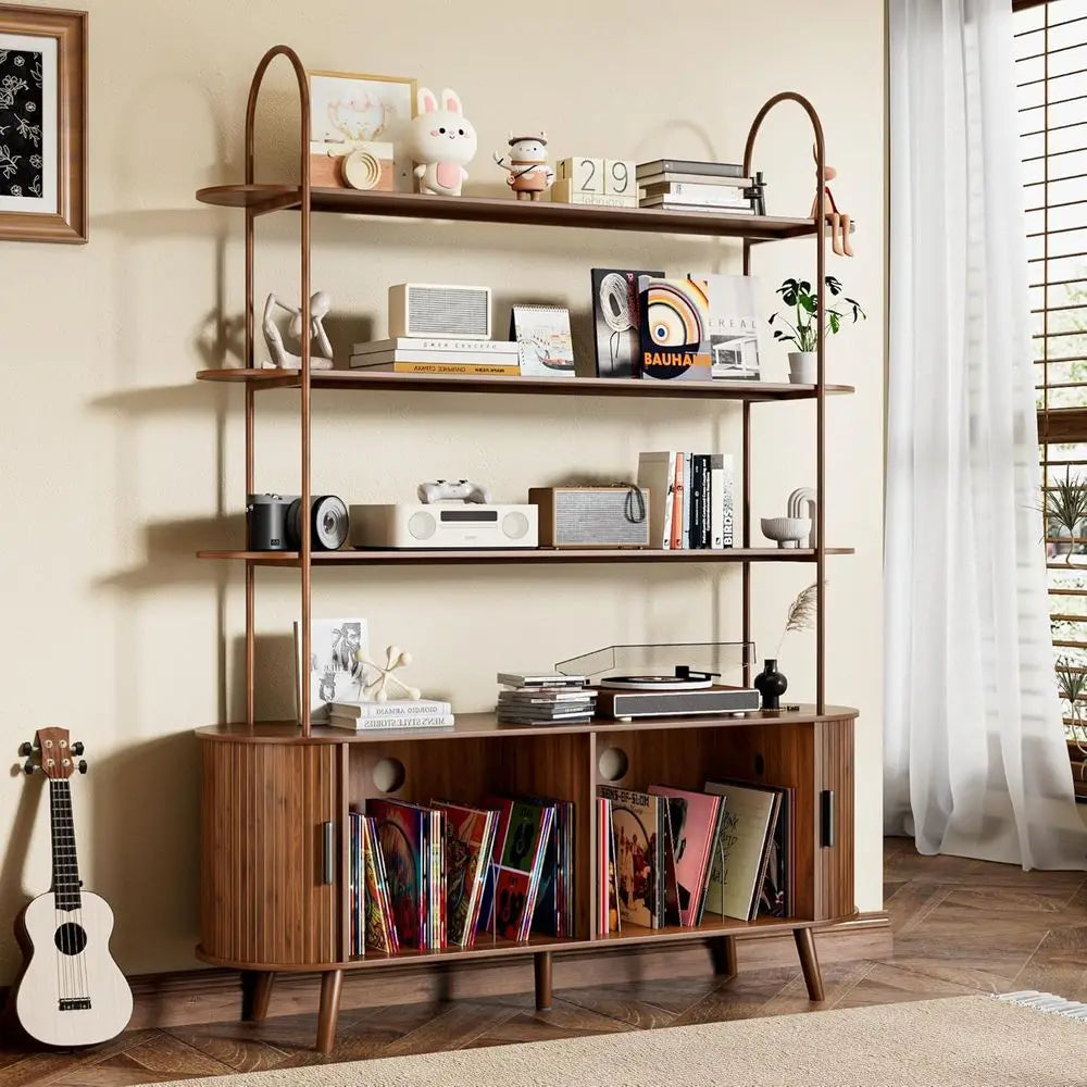 Contemporary 4-Tier Walnut Vinyl Record Storage Cabinet with Sliding Door and Media Display Shelf