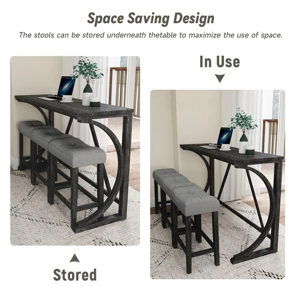 4 Piece Bar Table Set with Power Outlet, 59 Dining Bar Table and Chairs Set, Industrial Breakfast Table with 3 Padded Stools for