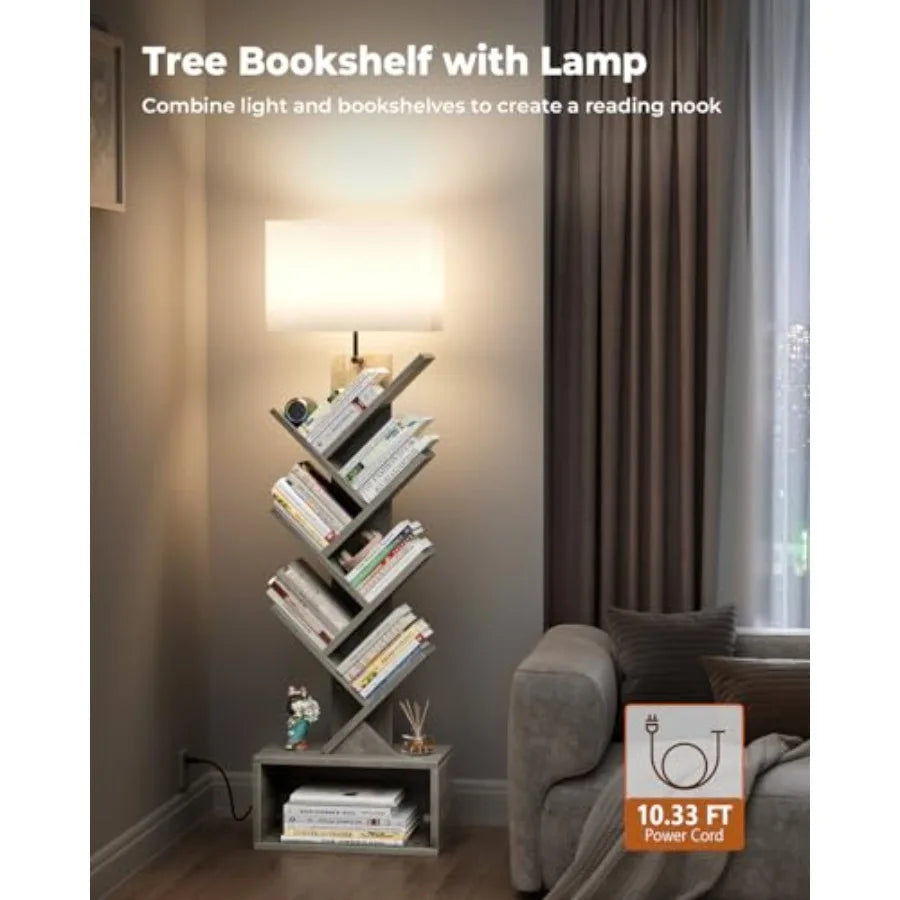6 Tier Tree Bookshelf with Integrated Lighting Narrow Tall Floor Standing Bookcase Tower for Efficient Storage in Living Room B