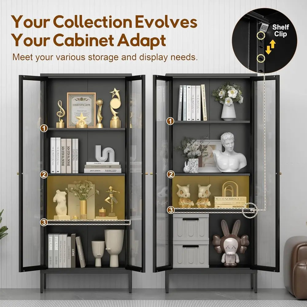 4-Tier Glass Display Cabinet, Tempered Glass Doors, Metal Storage Cabinet for Living Room, Suitable for Plants, Assembly Require