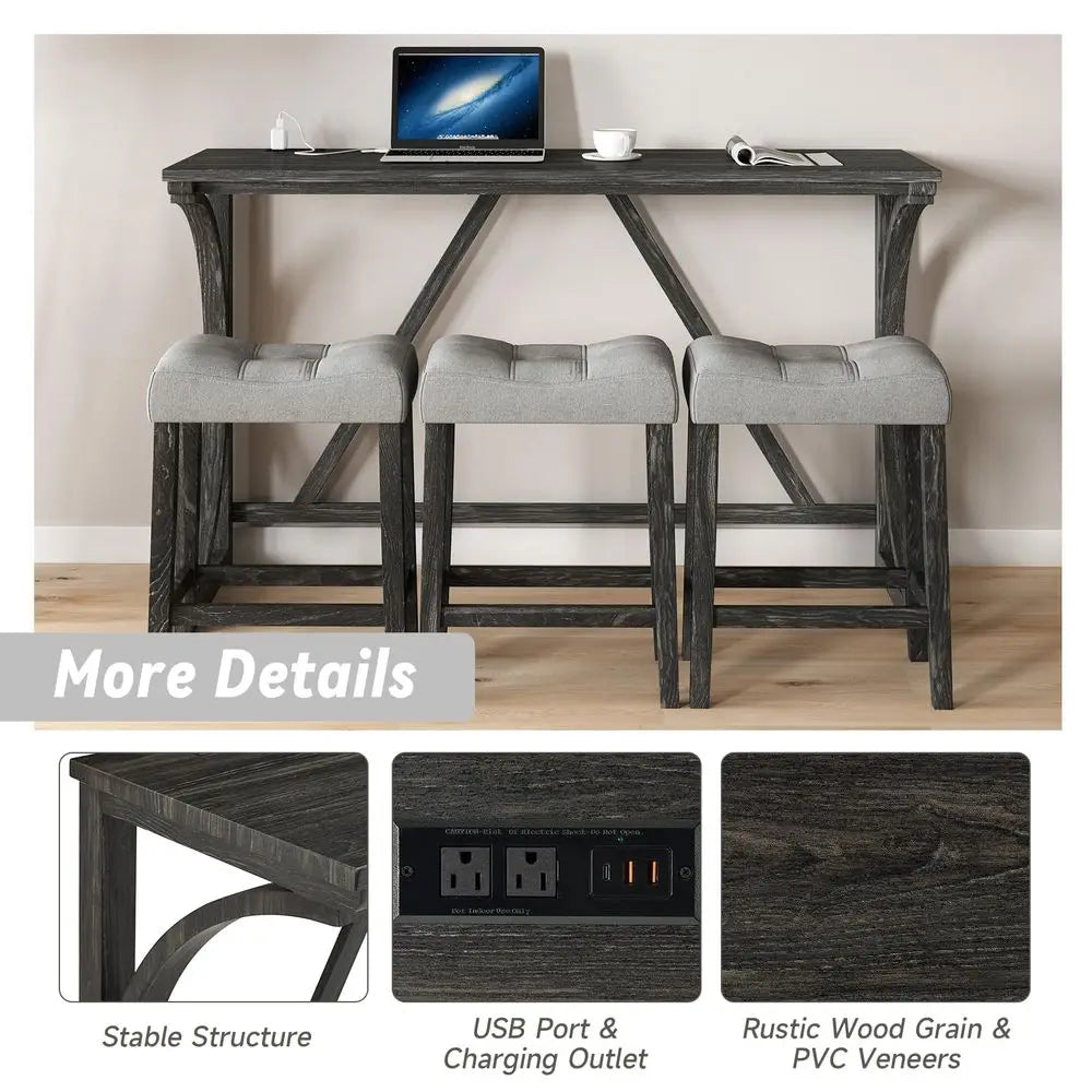 4 Piece Bar Table Set with Power Outlet, 59 Dining Bar Table and Chairs Set, Industrial Breakfast Table with 3 Padded Stools for