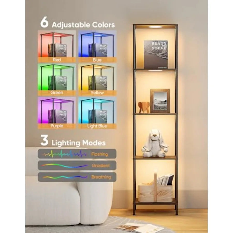Display Shelf with RGBW Light Color Changing Curio Cabinet Floor Lamp with Shelves Corner Standing Column Lamp Etagere Organize
