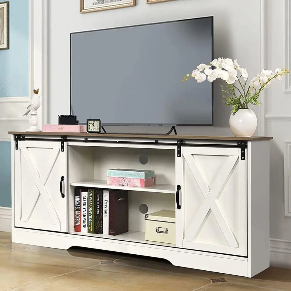 Modern White Barn Door TV Stand with Storage Cabinets and Adjustable Shelves for Living Room and Bedroom Entertainment