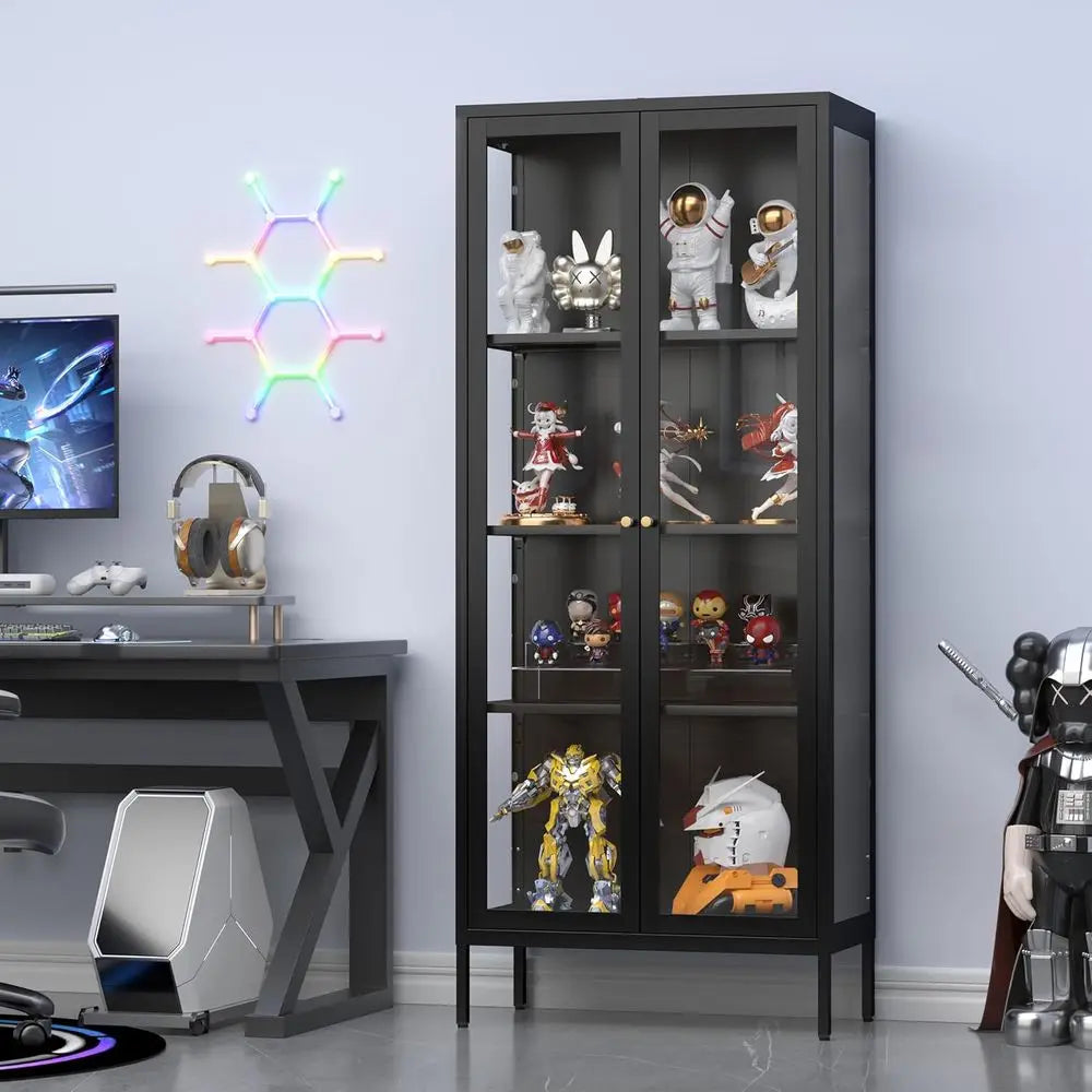4-Tier Glass Display Cabinet, Tempered Glass Doors, Metal Storage Cabinet for Living Room, Suitable for Plants, Assembly Require