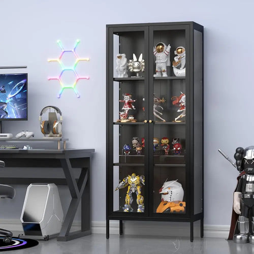 4-Tier Glass Display Cabinet, Tempered Glass Doors, Metal Storage Cabinet for Living Room, Suitable for Plants, Assembly Require