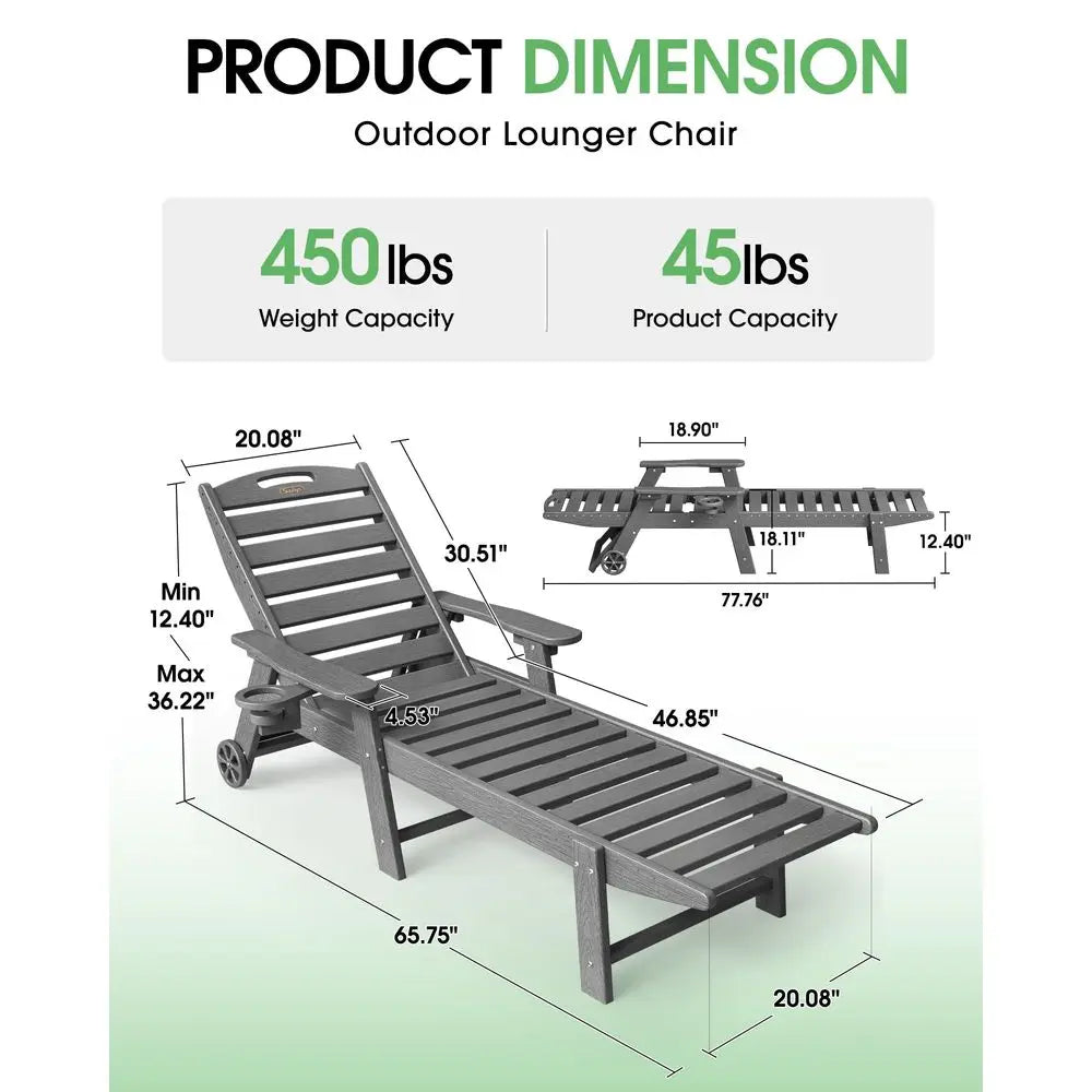Chair Outdoor Set of 2, HDPE Chaise Lounge Outdoor, Pool Lounge Chair for Pool Poolside Deck Backyard Patio, Dark Grey