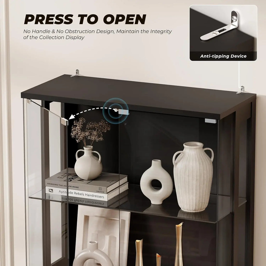 Display Cabinet with Glass Doors, 4-Tier Curio Cabinet with Transparent Full-Display Surface, 65" Glass Display Case with 3 C