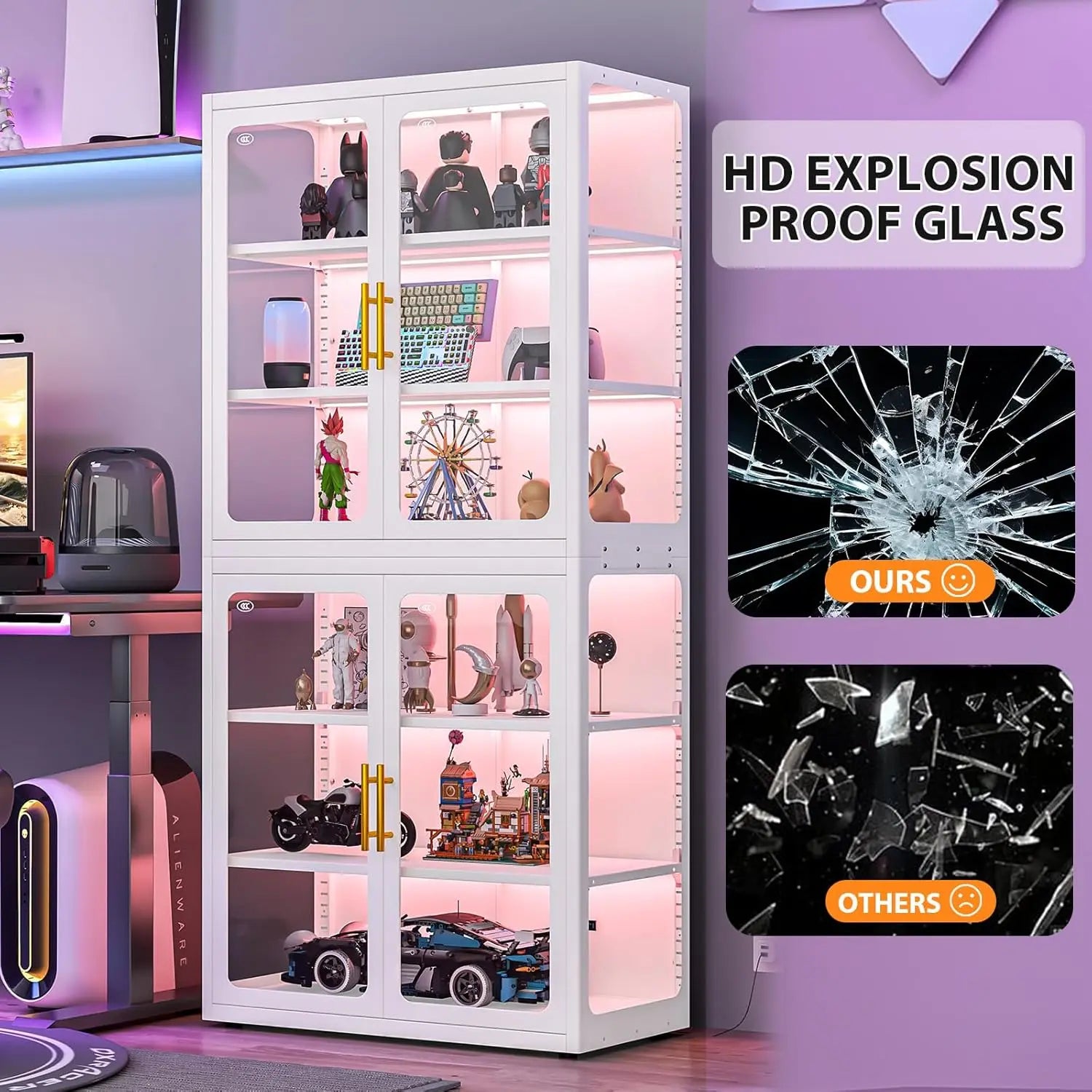 Display Cabinet with Glass Doors, 6-Tier 67" Curio Cabinet with Multi-Color LED Lights and 4 Adjustable Shelves, Glass Displa