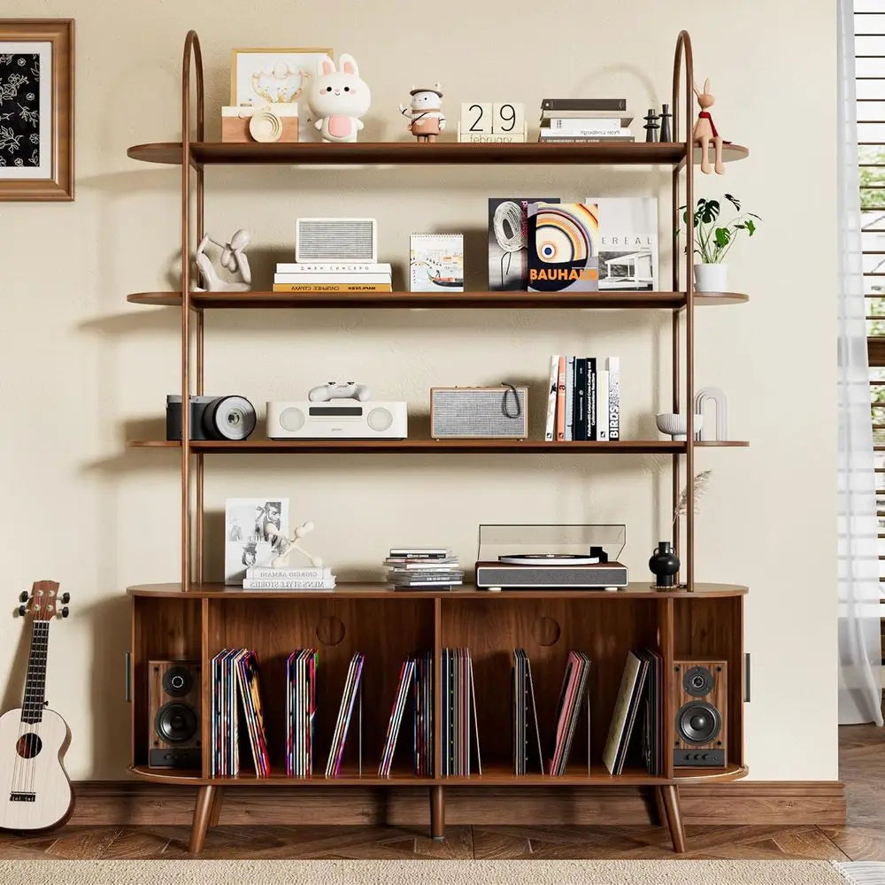 Contemporary 4-Tier Walnut Vinyl Record Storage Cabinet with Sliding Door and Media Display Shelf