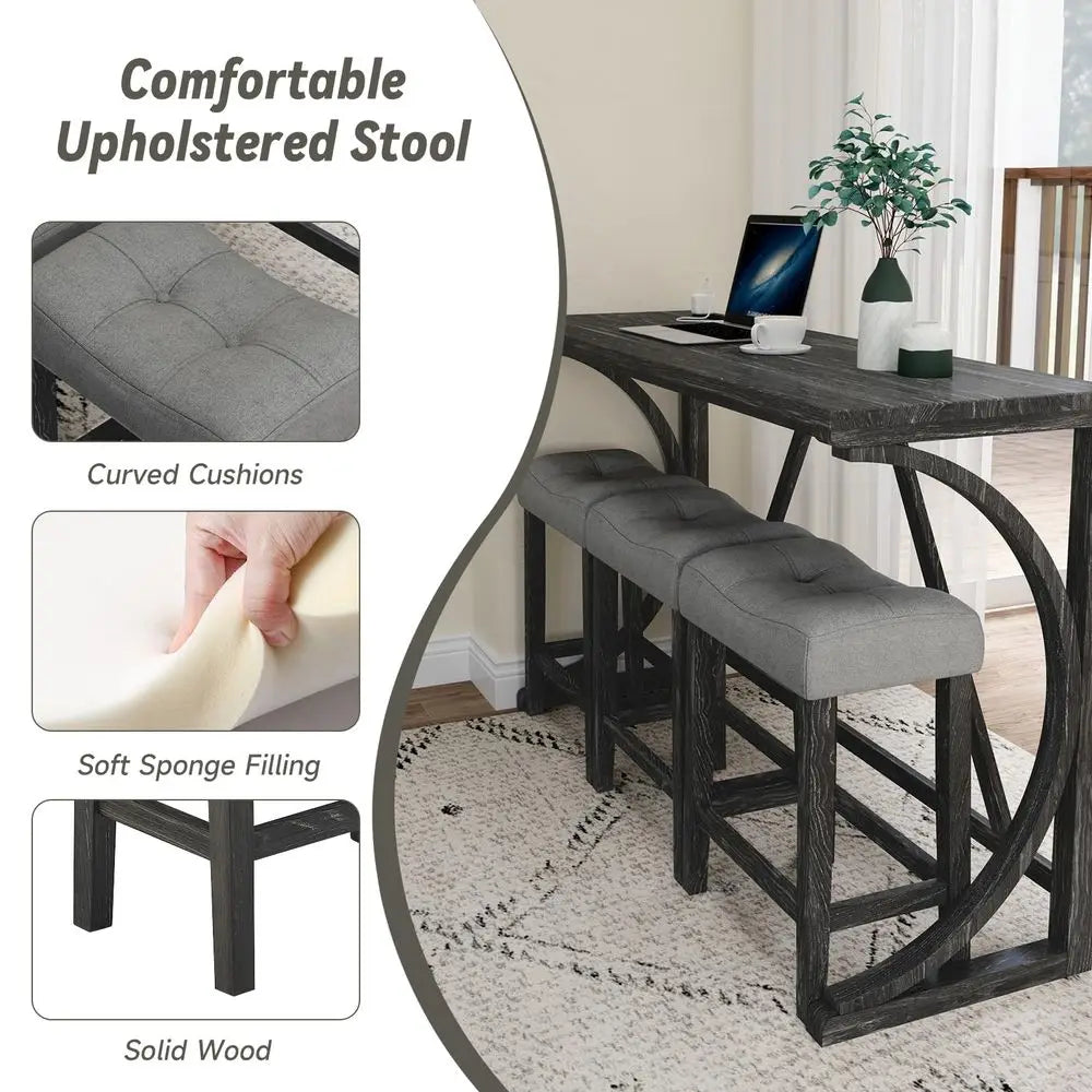 4 Piece Bar Table Set with Power Outlet, 59 Dining Bar Table and Chairs Set, Industrial Breakfast Table with 3 Padded Stools for
