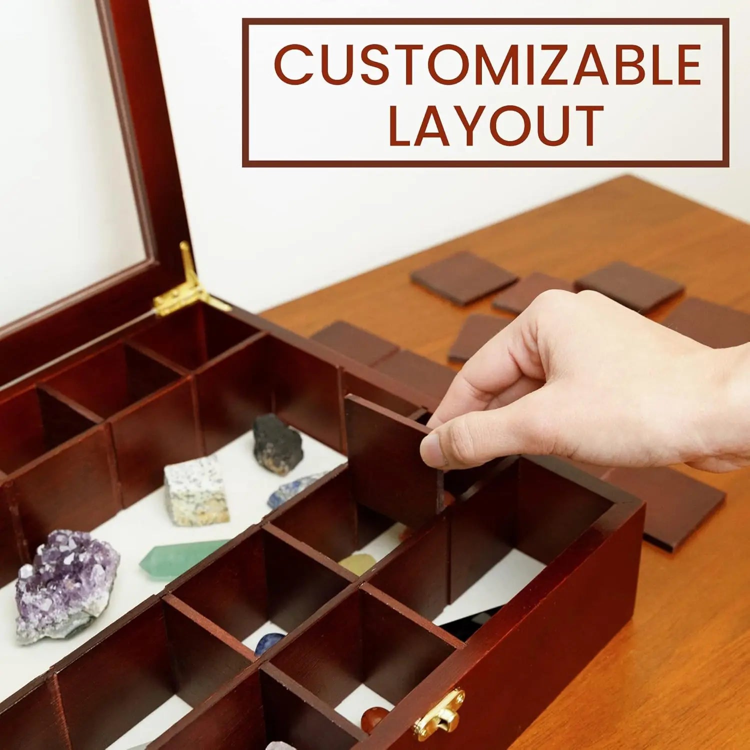 Adjustable Rock Display Case with Fabric Bed and Shelves for Crystal Storage - Dark Finish