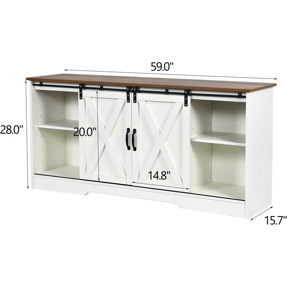 Modern White Barn Door TV Stand with Storage Cabinets and Adjustable Shelves for Living Room and Bedroom Entertainment