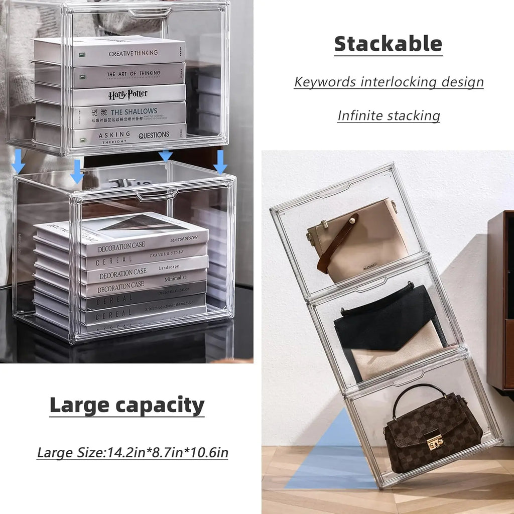 Clear Stackable Acrylic Display Case with Magnetic Lid for Collectibles and Cosmetics Storage (5 Pack, X-Large)