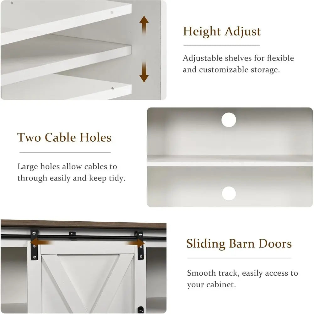 Modern White Barn Door TV Stand with Storage Cabinets and Adjustable Shelves for Living Room and Bedroom Entertainment