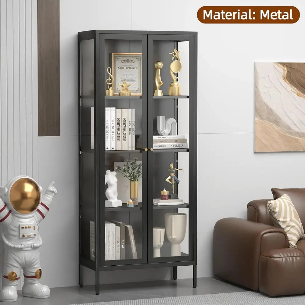 4-Tier Glass Display Cabinet, Tempered Glass Doors, Metal Storage Cabinet for Living Room, Suitable for Plants, Assembly Require