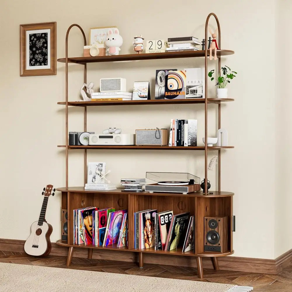 Contemporary 4-Tier Walnut Vinyl Record Storage Cabinet with Sliding Door and Media Display Shelf