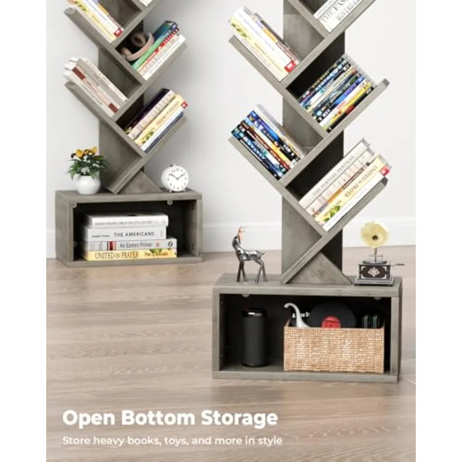 6 Tier Tree Bookshelf with Integrated Lighting Narrow Tall Floor Standing Bookcase Tower for Efficient Storage in Living Room B