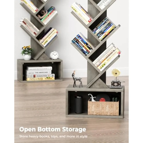 6 Tier Tree Bookshelf with Integrated Lighting Narrow Tall Floor Standing Bookcase Tower for Efficient Storage in Living Room B