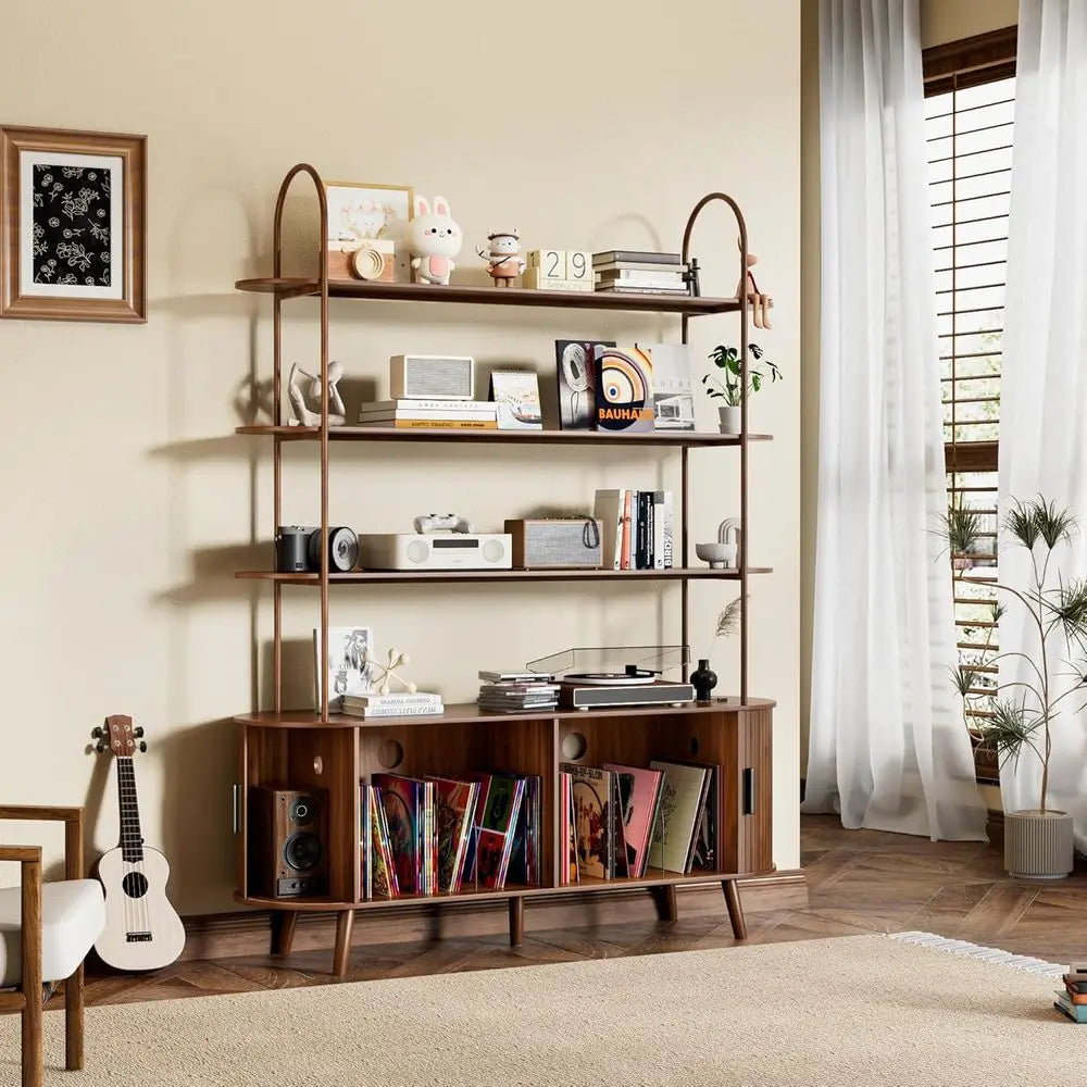 Contemporary 4-Tier Walnut Vinyl Record Storage Cabinet with Sliding Door and Media Display Shelf
