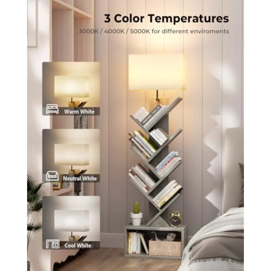 6 Tier Tree Bookshelf with Integrated Lighting Narrow Tall Floor Standing Bookcase Tower for Efficient Storage in Living Room B