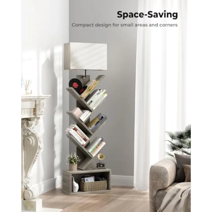 6 Tier Tree Bookshelf with Integrated Lighting Narrow Tall Floor Standing Bookcase Tower for Efficient Storage in Living Room B