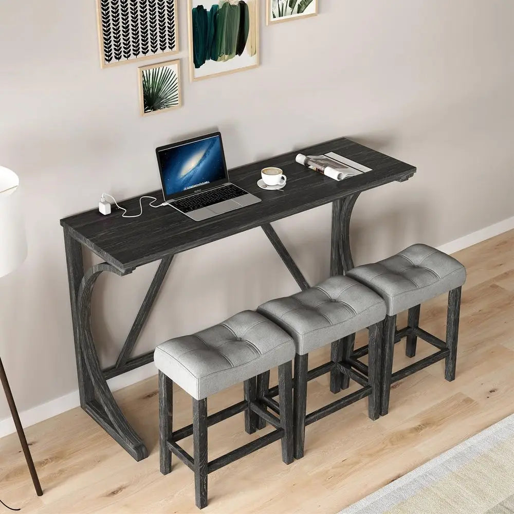 4 Piece Bar Table Set with Power Outlet, 59 Dining Bar Table and Chairs Set, Industrial Breakfast Table with 3 Padded Stools for
