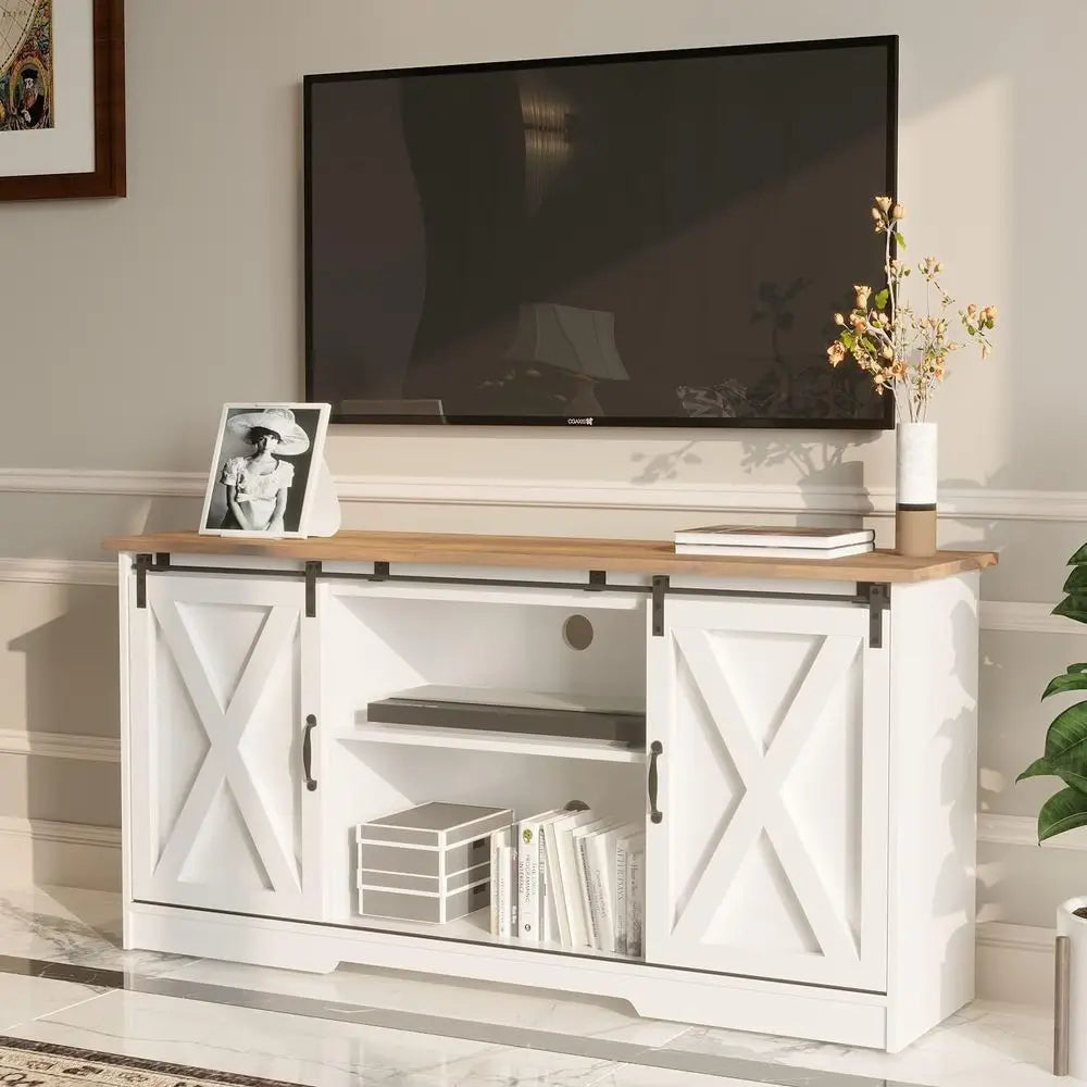 Modern White Barn Door TV Stand with Storage Cabinets and Adjustable Shelves for Living Room and Bedroom Entertainment