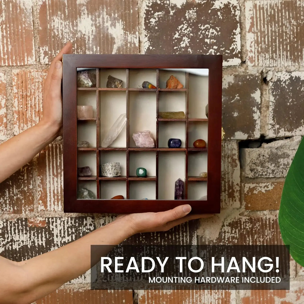 Adjustable Rock Display Case with Fabric Bed and Shelves for Crystal Storage - Dark Finish