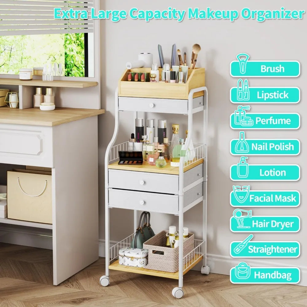 Vanity Makeup Organizer Cart with Drawers - Cosmetic Storage for Skincare, Perfume, Nail Polish & Brushes