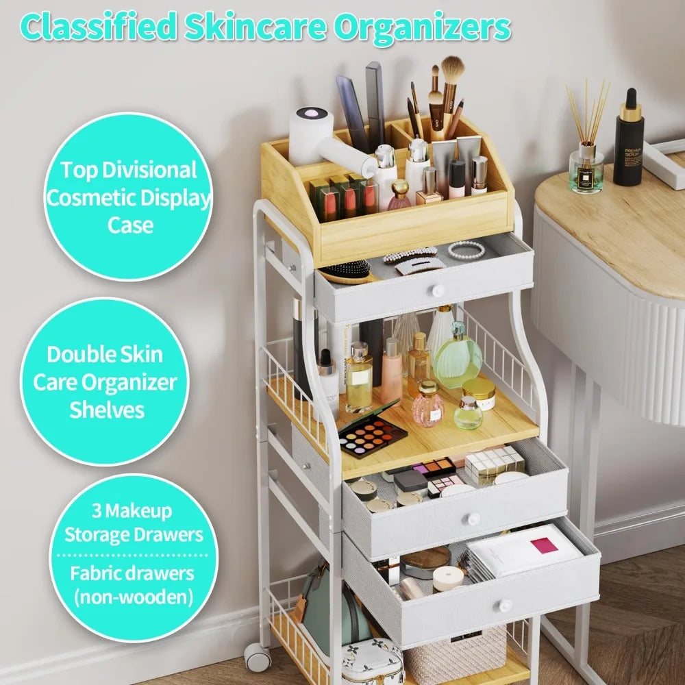 Vanity Makeup Organizer Cart with Drawers - Cosmetic Storage for Skincare, Perfume, Nail Polish & Brushes