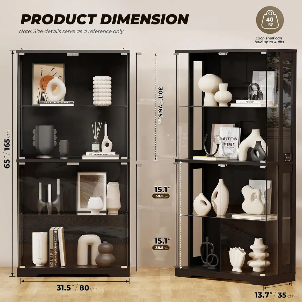 Display Cabinet with Glass Doors, 4-Tier Curio Cabinet with Transparent Full-Display Surface, 65" Glass Display Case with 3 C