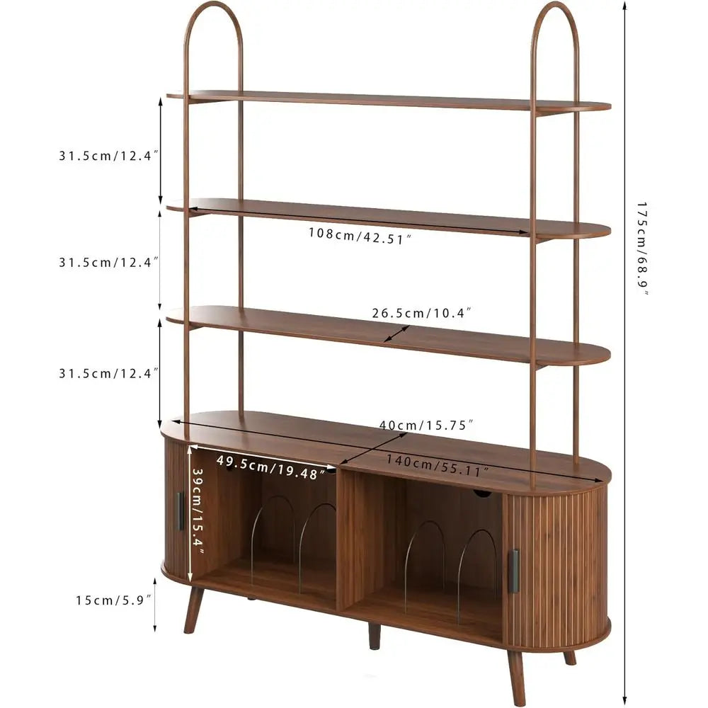 Contemporary 4-Tier Walnut Vinyl Record Storage Cabinet with Sliding Door and Media Display Shelf