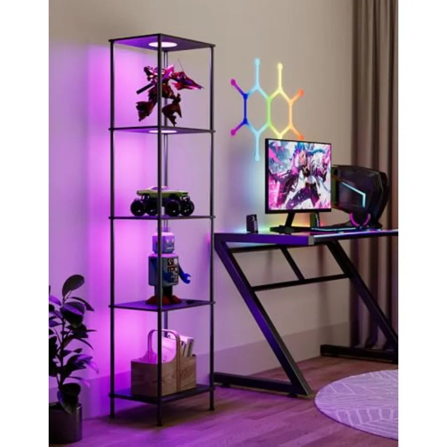 Display Shelf with RGBW Light Color Changing Curio Cabinet Floor Lamp with Shelves Corner Standing Column Lamp Etagere Organize